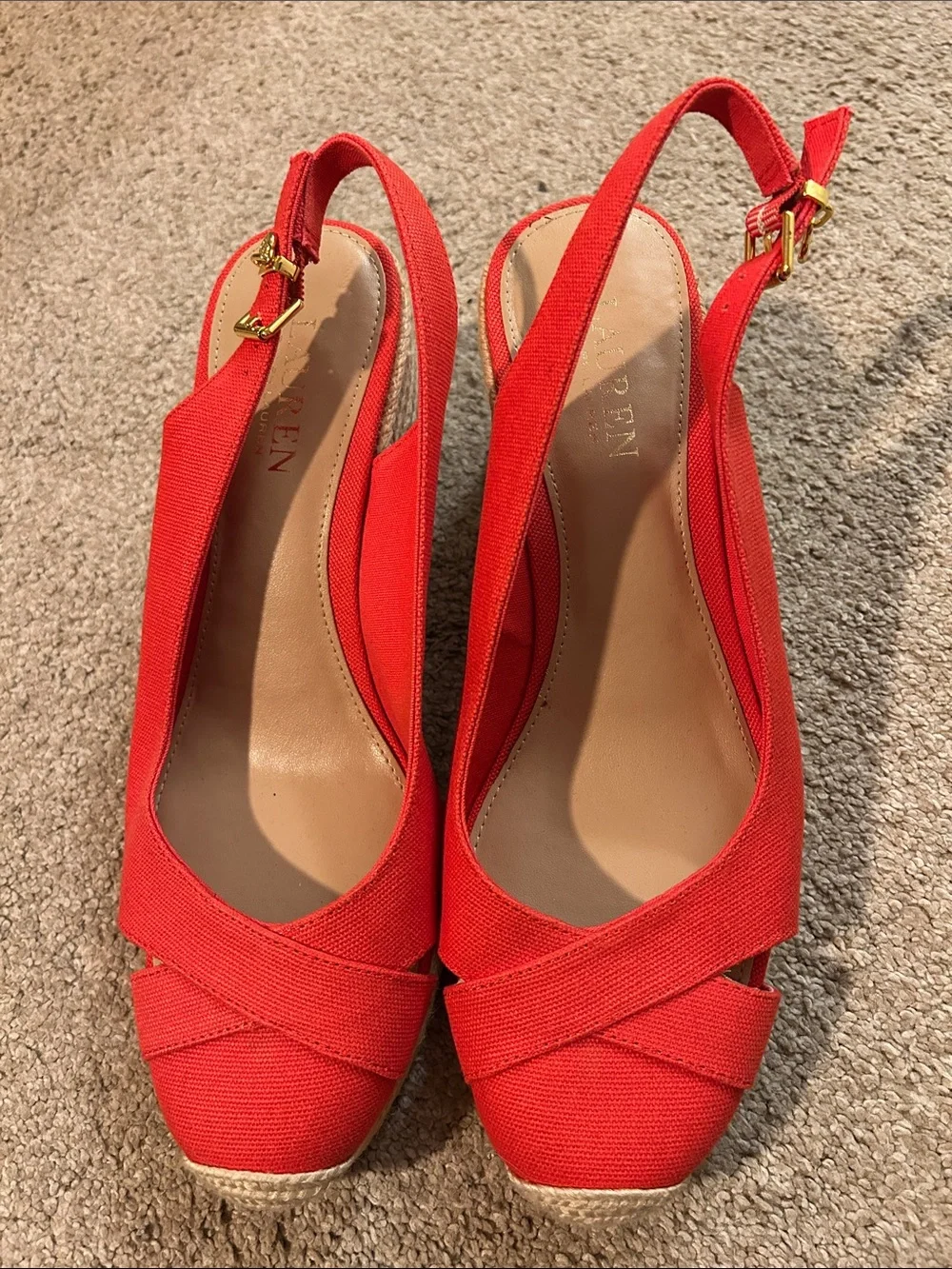 Lauren Ralph Lauren NWOB Bright Red Slingback Espadrille Wedge Sandals Size 9
